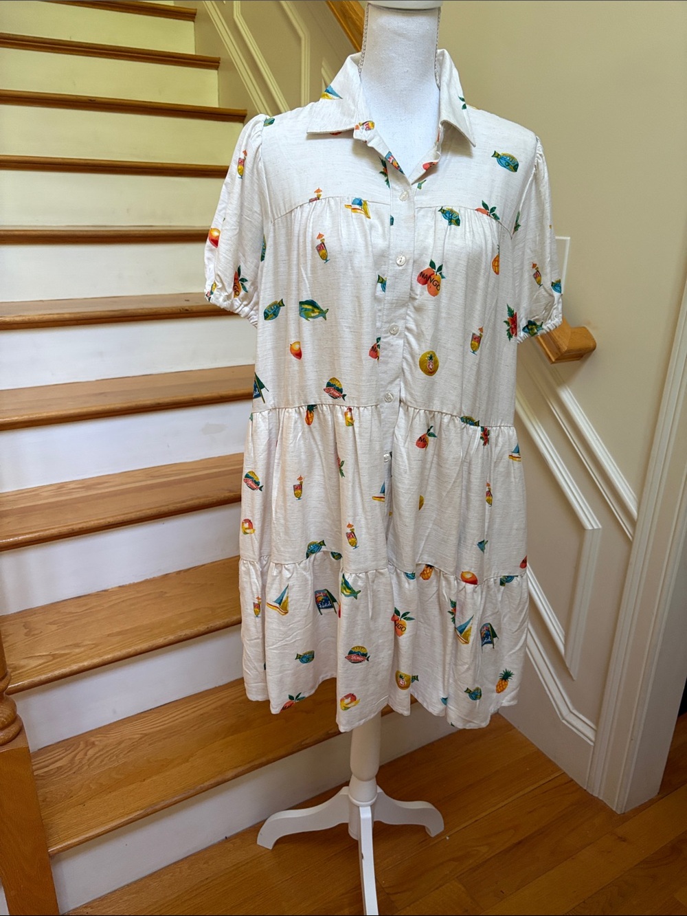 Jane and Delancey Cream Tiered Mini Dress with Colorful Fruit and Fish Print
